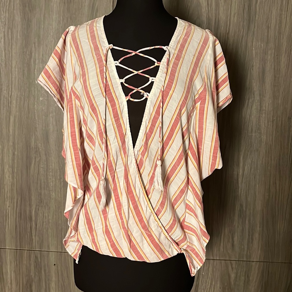Umgee Pink Cream Striped Lace-Up Wrap Top